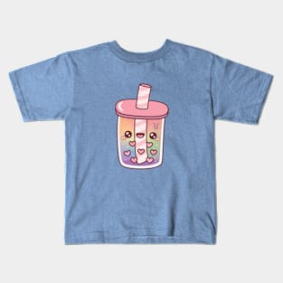 Cute Rainbow Bubble Tea With Heart Boba Pearls Kids T-Shirt